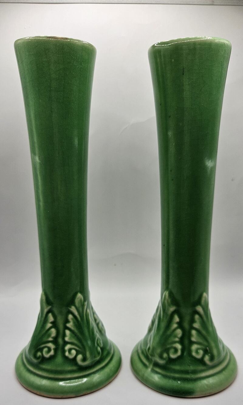 Pair of Brush McCoy Pottery green bud vases feature a classic Art Deco...